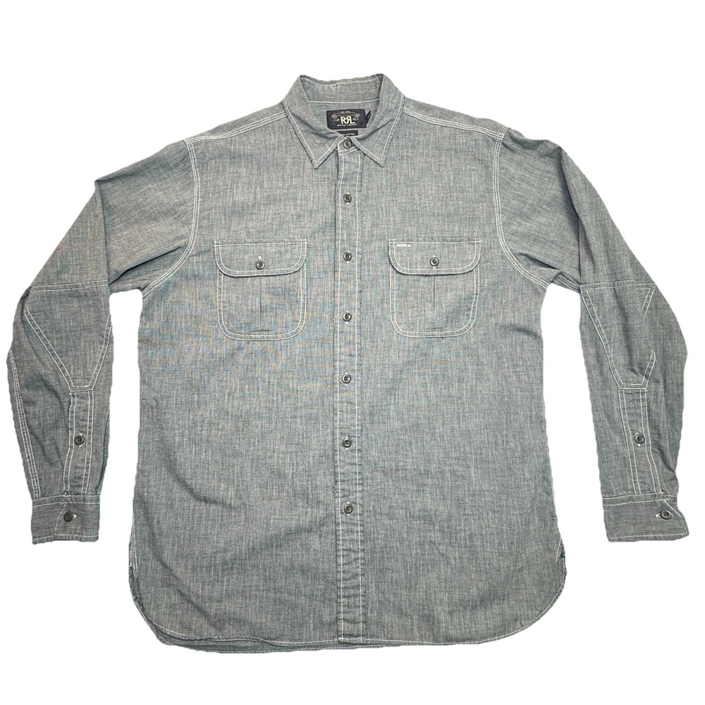 RRL Ralph Lauren Salt and Pepper Chambray Workshirt Long Sleeve Button Up Medium